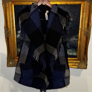 Donna Karan Blue Black Buffalo Plaid Wool Fringe Accent Draped Vest Size M